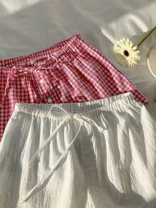 Comfortcana Women's Cute Red And White Checkered Linen Shorts 2 Pieces Set, Summer Home, Spring Vacation Beach Wear, Comfortable Plaid Drawstring Shorts - Multicolor - View 4