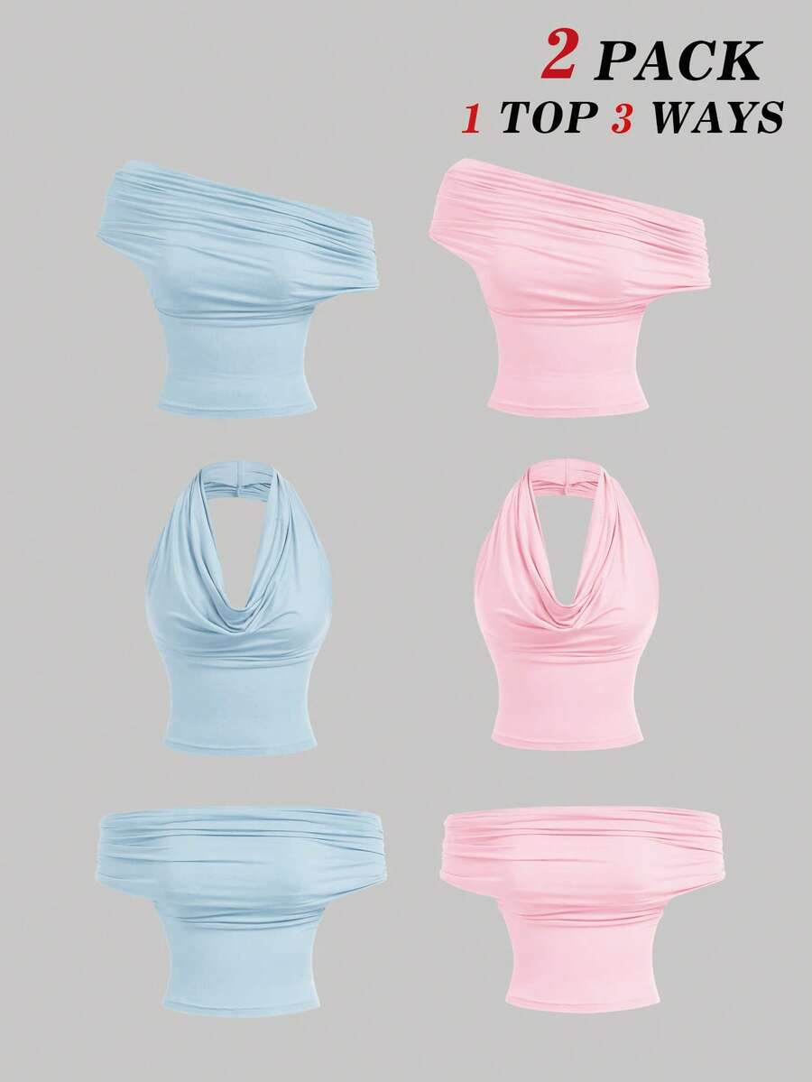 SHEIN MOD 2件套三穿女式休闲纯色修身上衣，C - 淺藍色 - 查看 1