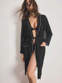 Ocili Comfortable Ribbed Cotton Contrast Color Frill Trim Small Lapel Soft Short Robe, Women Sleepwear Bathrobe - Black - View 7