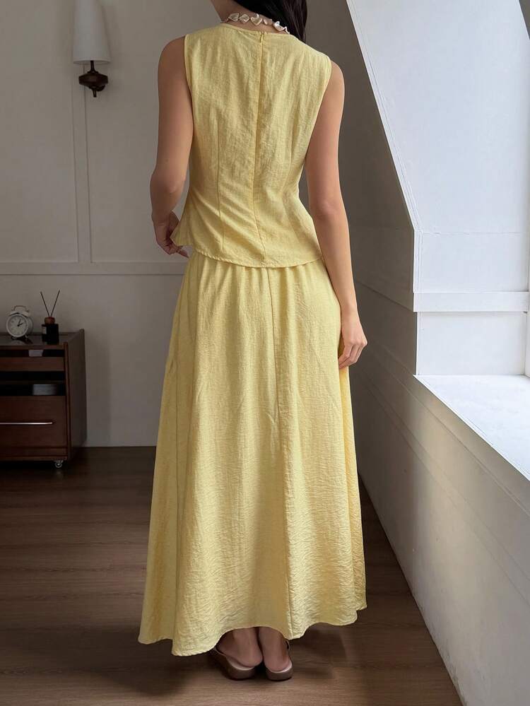 2pcs/Set Women's Sleeveless Top And Long Skirt Set, Vacation Style, Spring/Summer