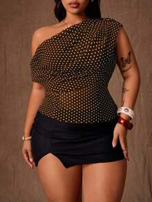 Rustia Plus Size Elegant Polka Dot Asymmetrical Shoulder Ruffle Blouse, Spring/Summer - Coffee Brown - View 7