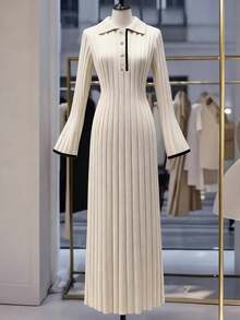 GlowEve CURVE Váy len dài tay cổ lọ dáng rộng cỡ lớn cho nữ, Váy len mùa đông cho nữ, Áo khoác ngoài, Trang phục dự tiệc cưới - Màu be - Xem 3