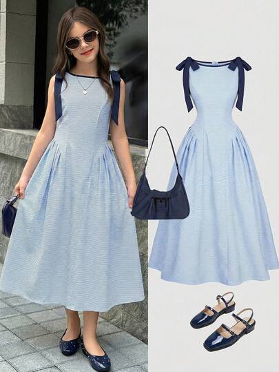 Firerie Kids Vestido de niña preadolescente con bloqueo de color y lazo en la cintura, elegante y casual, versátil para uso diario, adecuado para ceremonias, fiestas y toda ocasión, nuevo vestido para niñas