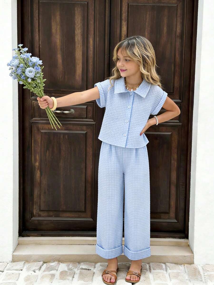 SHEIN Elladie kids 两件套女童格子领休闲衬衫上衣搭配直筒裤套装,适合日常休闲、户外活动和上学穿着。 - 藍色 - 查看 1