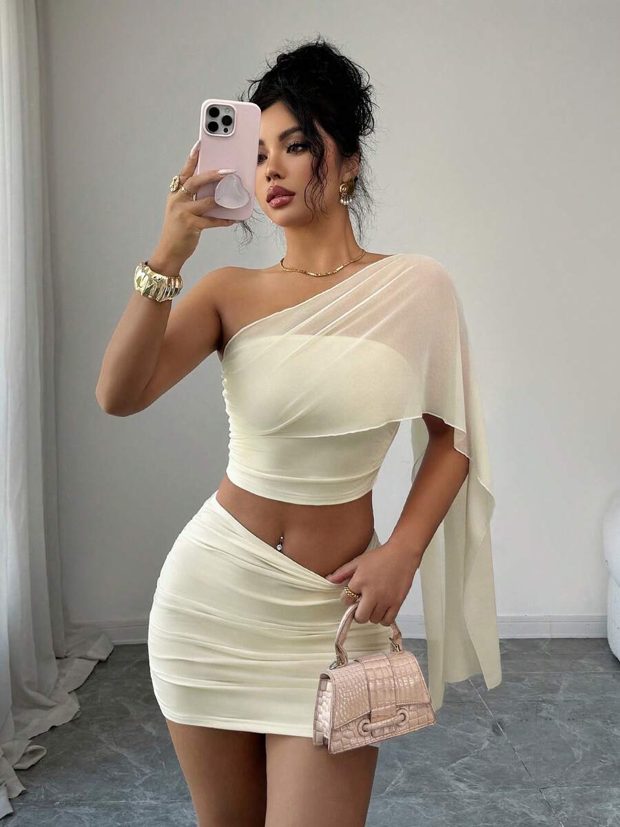 Selianne 性感透视网纱拼接套装，夏季褶皱腰身紧身迷你裙和抹胸露脐上衣两件套 - 杏色 - 查看 1