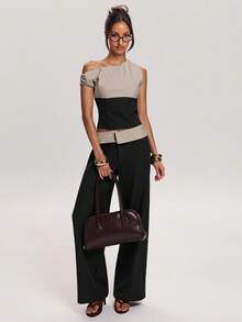 SHEIN BAE Quần ống rộng dáng suông kẻ sọc phối màu dành cho nữ, đa năng cho cả đi làm và đi chơi. - màu đen - Xem 3