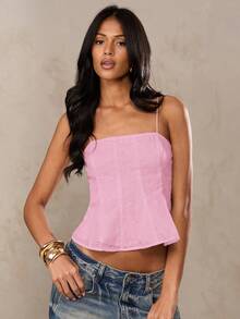 SHEIN BAE Áo hai dây croptop màu trắng, chất liệu pha lanh, thêu hoa 3D, thích hợp cho mùa hè, đi biển, kỳ nghỉ ở miền Nam nước Pháp, Ibiza, Ý. - Màu Hồng baby - Xem 7