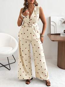 Ceyna Plus Size Women's Classic Retro Polka Dot Vest And Wide Leg Pants Set Summer Holiday Outfits - Apricot - View 4