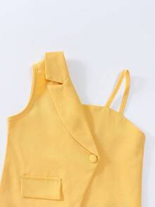 SHEIN Elladie kids 女童（小号）时尚不对称设计套装两件套，优雅卡其色裙装，尽显成熟优雅 - 黃色 - 查看 3
