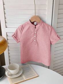 SHEIN LMoss Kids 1件装年轻男童休闲宽松梭织纯色立领短袖衬衫 - 藕粉色 - 查看 4