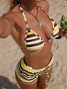 Bonvoyette 三件套女士沙滩比基尼，迷你短款条纹印花复古棕蓝色泳装，适合户外约会、沙滩派对、性感穿着、户外婚礼季、情人节、外出、音乐会、派对、夜店、约会、夜生活、度假、海滩装扮、花园婚礼宾客礼服，优雅女士服装，适合约会、秋冬春夏泳装。 - 黃色 - 查看 3