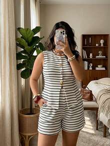 Auralis 新款夏季黑白条纹针织弹力菠萝纹波浪提花加大码女装两件套/套装，优雅通勤/办公装，休闲度假波西米亚风套装，背心和短裤 - 彩色 - 查看 7