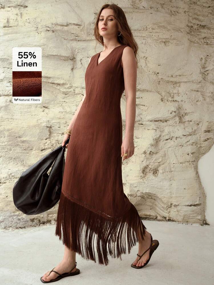 LINEN BLEND V-NECK SLEEVELESS TASSEL MIDI DRESS