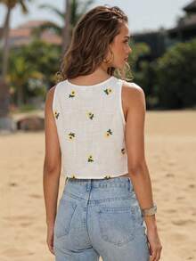 Swim Vcay 花卉刺绣背心 图案 T 恤 女式上衣 - 白色 - 查看 2