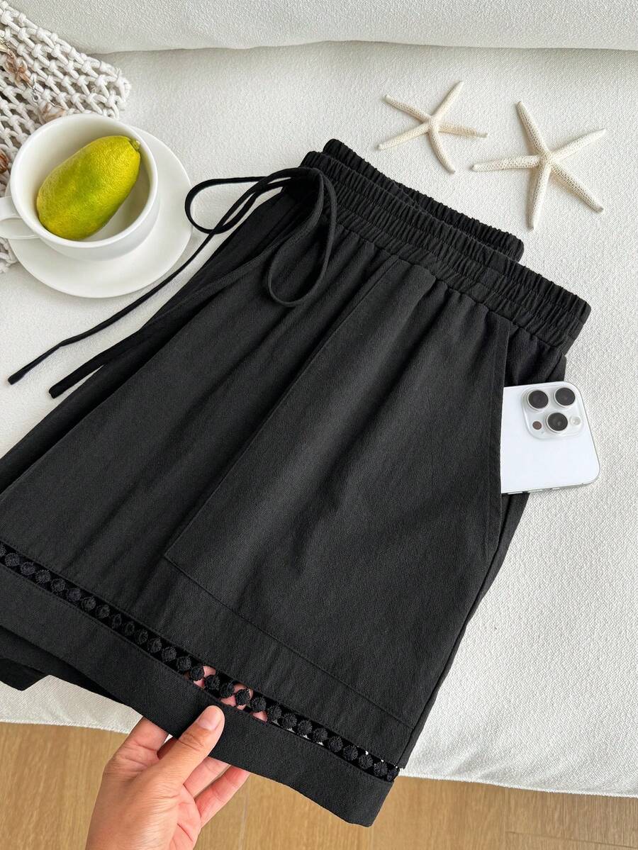 Comfortcana Quần short thể thao dệt màu đen dành cho nữ cỡ lớn, cạp chun, thích hợp cho mùa hè. - màu đen - Xem 1