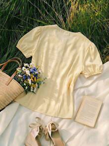 Franclia Áo kiểu nữ xếp lớp tay bồng phối ren và nơ - trắng - Xem 2