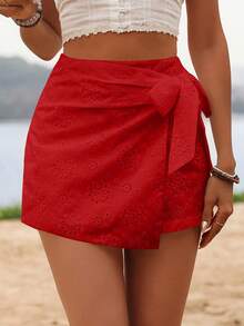 Glamine Rok Lilit Samping dengan Bordir Lubang Kancing untuk Wanita di Musim Panas - Merah - View 3