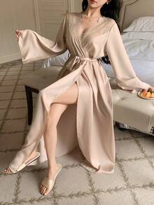 DAZY 蕾丝拼接缎面长袖开衫，女士春季睡衣 - 淺粉色 - 查看 7