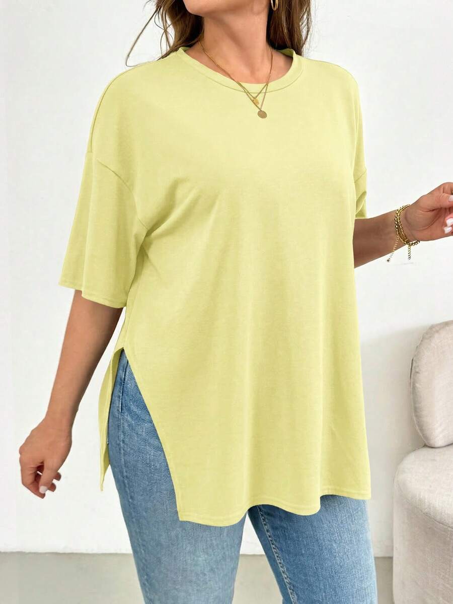 SHEIN Essnce Áo thun ngắn tay màu đen xẻ tà, kiểu dáng đơn giản, thoải mái, rộng rãi, cơ bản dành cho nữ, thích hợp mặc đi chơi, đi sân bay, phong cách mùa hè châu Âu. - Màu xanh hải quân - Xem 1