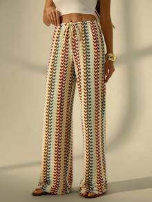 SHEIN Tall 女士度假风抽绳腰带印花宽松阔腿休闲裤，秋季款 - 彩色 - 查看 4