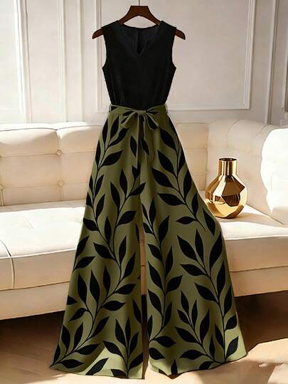 Franclia Women's Summer Casual Vacation Style Patchwork Botanical Print Halter Neck Sleeveless Belted Wide Leg Jumpsuit Yisikado Dress Latest Dress High Quality Dress Prom Dresses For Women Elegant Elegant Dress