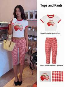 MainGRL 女士春夏度假休闲套装，白色水果印花短款T恤搭配格子七分裤两件套，适合度假、休闲、约会、日常穿着 - 紅色 - 查看 5