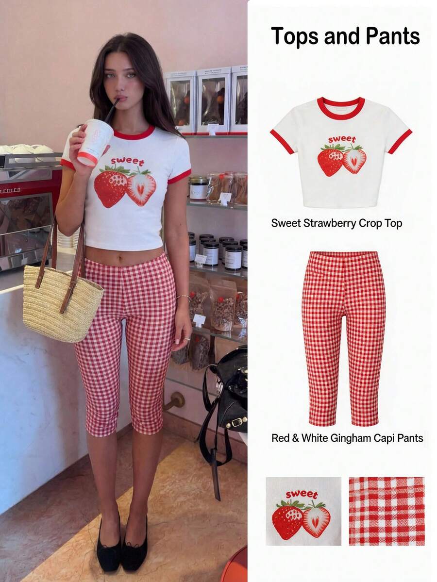 MainGRL Bộ trang phục thường ngày mùa xuân/hè dành cho nữ, áo thun crop top trắng in hình trái cây và quần legging kẻ caro dài đến khuỷu tay, thích hợp cho kỳ nghỉ, dạo chơi, hẹn hò và mặc hàng ngày. - Đỏ - Xem 1