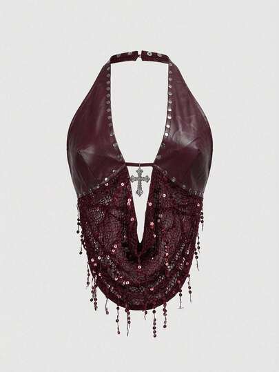 ROMWE Grunge Punk Chaleco sin espalda con halter de patchwork de PU, red de pesca y cuentas con colgante de cruz de metal estilo Y2K Baddie para festivales de música