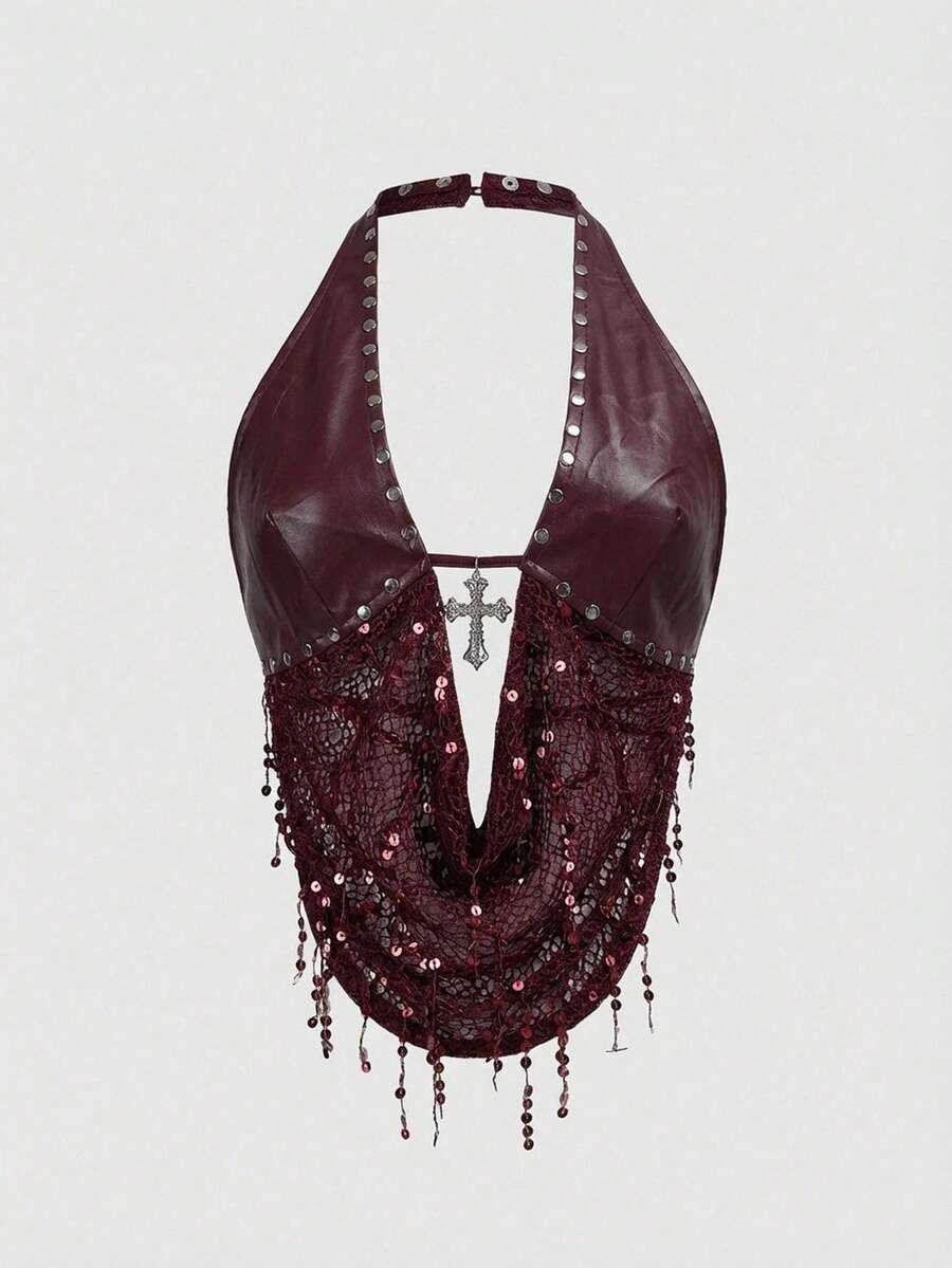 ROMWE Grunge Punk Áo vest hở lưng đính hạt và lưới phối da PU, kiểu dáng lễ hội âm nhạc Y2K Baddie, mặt dây chuyền hình thánh giá bằng kim loại cho nữ. - Màu Đỏ Sâu - Xem 1