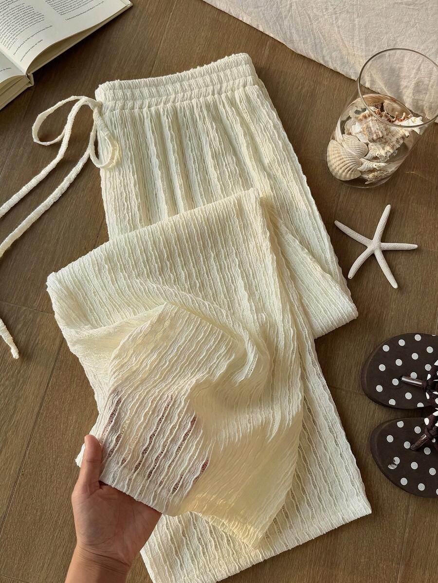 Comfortcana Plus Size Women Vacation Knit Jacquard Loose Textured Fabric Pants - Beige - View 1