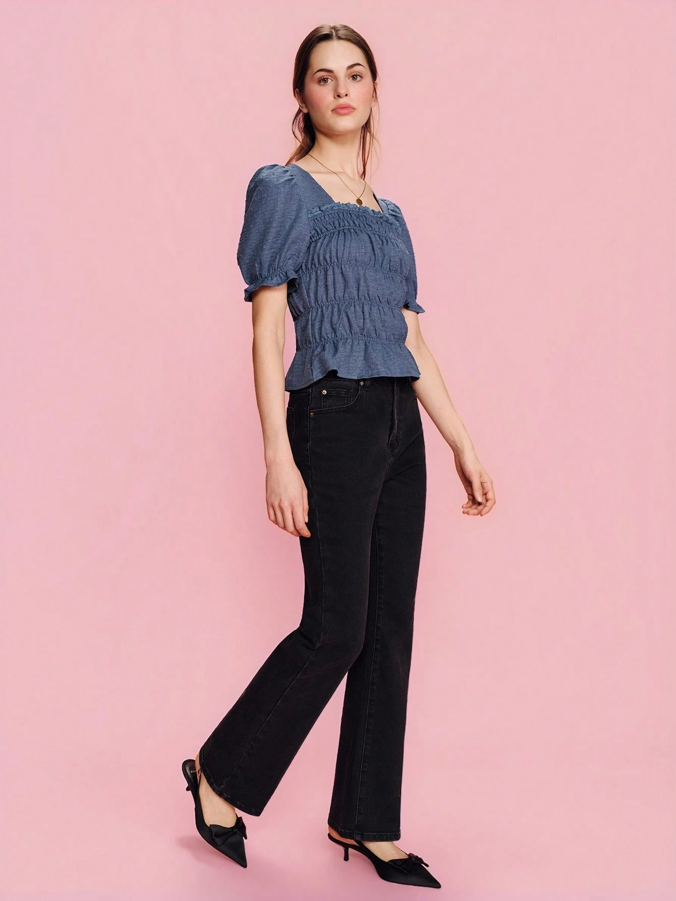 Blue Square Neck Top With Puff Short Sleeves, Ruffle And Crochet Trim Details Spring Summer French Style Parisian Style Vintage Top Cute Summer Top Office Top Vintage Top