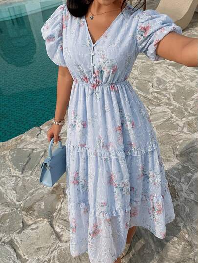 K-Vae Women's Floral Pattern V-Neck Short Sleeve Mid-Length Dress,Summer Dresses For Women