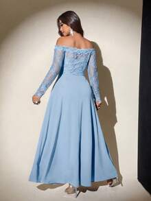 Viva Relle Sexy Fitted Off-Shoulder Mesh Long Sleeve Plus Size Dress - Blue - View 3