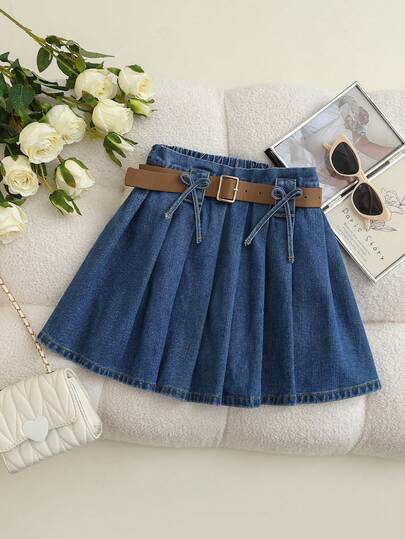 Váy ngắn denim xếp ly trang trí nơ, kiểu dáng thường ngày, thích hợp cho bé gái tuổi teen, mùa hè.