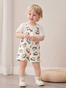 TEENAGE MUTANT NINJA TURTLES | SHEIN Bộ áo liền quần ngắn in hình hoạt hình cho bé trai, kiểu dáng thường ngày, đa năng. - Màu be - Xem 4