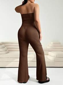 Solflare Plus Size Women Solid Color Pleated Bandeau Top And Flare Pants Casual Outfit - Coffee Brown - View 2