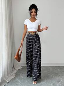 SHEIN PETITE Quần nữ ống rộng cạp cao xếp ly có túi, dáng suông, họa tiết chấm bi. - Đen và trắng - Xem 6