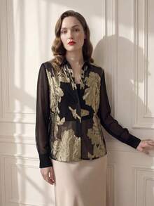Suri Mira Women's Shiny Gold Sheer Long Sleeve Blouse, Elegant Spring/Summer, Versatile For Casual, Work, Date Night, Holidays And More - Black and Gold - View 5