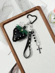 ROMWE Kawaii 1. Móc khóa DIY hình ngôi sao tròn đính hạt ngọc trai giả màu đen, họa tiết giọt dầu loang, phong cách Y2K ngọt ngào, cá tính, cá nhân hóa, chất liệu punk, gothic, đính đá lấp lánh, hình thánh giá rỗng, dây đeo tay bằng da đen mô phỏng 3D hai mặt, đính đinh tán, hình quả dâu tây, thích hợp làm quà tặng hàng ngày, dành cho phụ nữ, bé gái, chị em gái, bạn gái. - màu đen - Xem 11