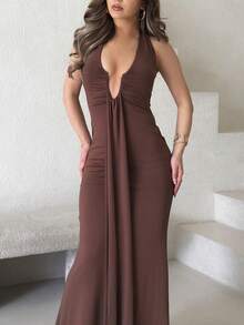 Jemour Brown Color Sexy V Neck Halter Neck Backless Sleeveless Ruched Maxi Dress,Concert Dress,Club Dress,Date Night Dress,Streetwear,Elevated Elegance Dress,Prom Dress,Rave Dress,Women Birthday Dress,Party Must Have,Spring Dress - Coffee - View 3