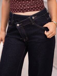 Andrea Bello Women's Asymmetrical Waist Loose Fit Jeans - Dark Wash - View 6
