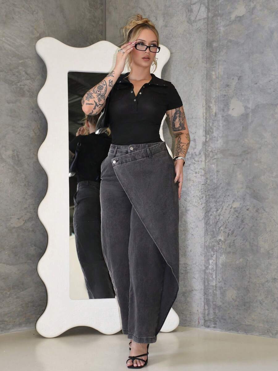 Arliah 新款女士不对称黑色牛仔裤 - 黑色 - 查看 1