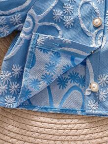 2件套女童休闲优雅白色提花珍珠纽扣开衫和百褶裙套装，适合派对和假日场合，夏季 - 藍色 - 查看 8