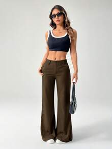 SHEIN PETITE 新款秋冬低腰休闲个性西装裤 - 棕色 - 查看 4