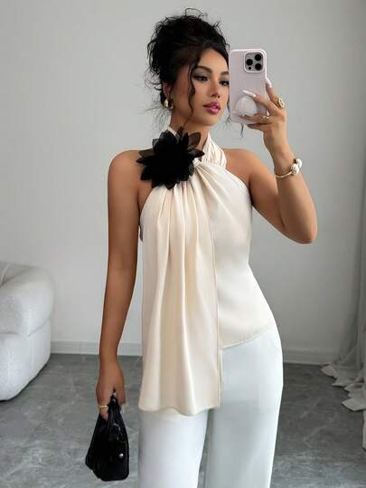 Rafferiza Áo kiểu nữ thanh lịch, tinh tế, lãng mạn, cổ yếm, không tay, màu mơ, điểm xuyết hoa văn và dây buộc, thích hợp cho các buổi đi chơi và hẹn hò vào mùa xuân/hè.