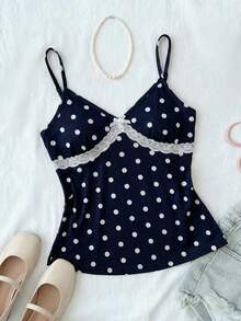 少女休闲度假波点蕾丝吊带背心，柔软时尚的设计，适合夏季、度假、旅行、校园和日常穿着。 - 黑色 - 查看 1