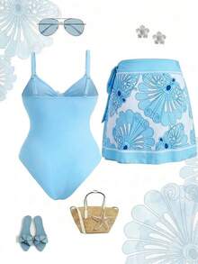 Swim Oasis Bộ đồ bơi hai mảnh cỡ lớn dành cho nữ, kiểu dáng giản dị, tối giản, thích hợp cho kỳ nghỉ biển, với họa tiết ngẫu nhiên trên nền vải màu xanh dương trơn, gồm váy ngắn và dây đeo điều chỉnh được, kiểu buộc cổ. - Màu xanh lam - Xem 2