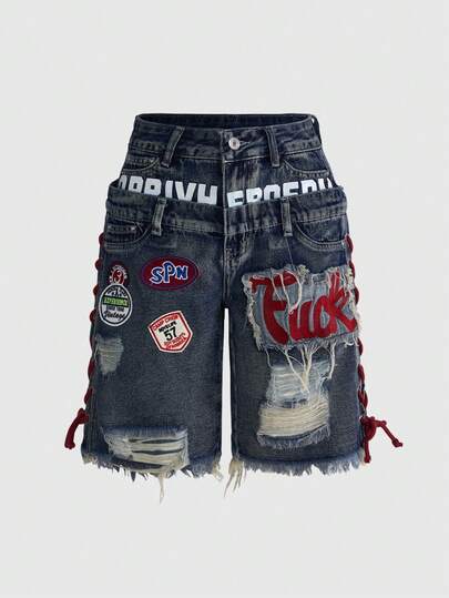ROMWE Avant Quần short denim nữ kiểu dáng retro Y2K, chất liệu jersey, kiểu áo ba lỗ, có logo thêu, dây rút, cạp thấp, gợi cảm.