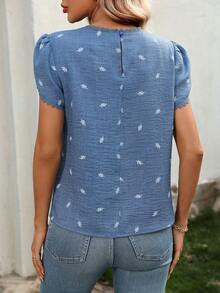 EMERY ROSE Áo kiểu nữ thanh lịch, thoải mái, in hoa, cổ bèo, tay cánh hoa - Màu xanh lam - Xem 2