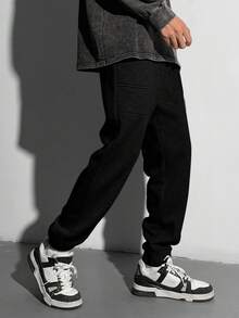 SHEIN Leap Crew 青少年男孩 1 件休闲百搭时尚街头风格修身贴袋夹缝编织标记设计运动裤返校服装；秋季服装；青少年男孩服装；儿童夹克 - 黑色 - 查看 4